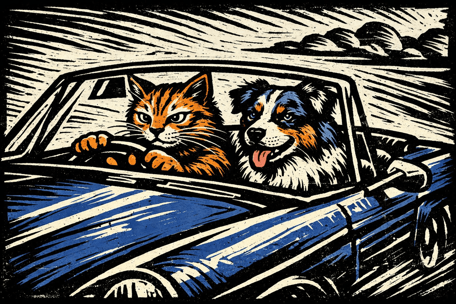 Linocut printmaking aesthetic with bold, carved lines; limited monochromatic palette with stark black and white contrast; directional side lighting creating strong shadows; rough, textured surfaces with visible tool marks; high-contrast graphic forms with minimal shading; balanced, symmetrical composition with a sense of movement; inspired by German Expressionism and modern graphic design
Model: openai:gpt-image-1.5