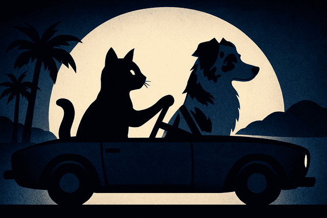 Shadow puppet theatre aesthetic with crisp, sharp-edged silhouettes; monochromatic palette of deep indigo and stark black; dramatic backlighting from a single strong light source; flat, matte textures with minimal detail; dynamic, layered composition with strong foreground/background separation; inspired by traditional wayang kulit and modern graphic illustration
Model: openai:gpt-image-1